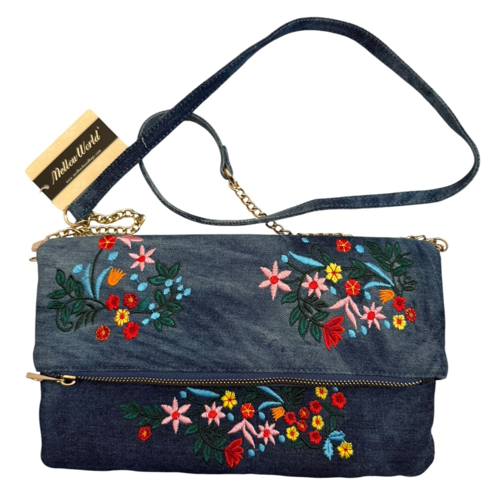 Mellow World Denim Floral Embroidered Fold-Over Crossbody Clutch - NWT